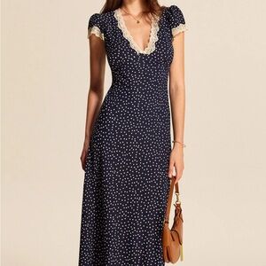 Elegant Blue and White Maxi Dress with Puff Cap Sleeves